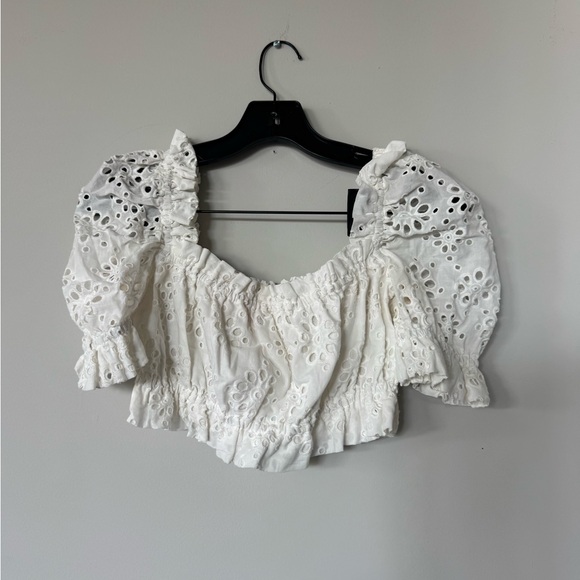 LPA White Eyelet Puff-Sleeve Crop Top - Picture 2 of 5